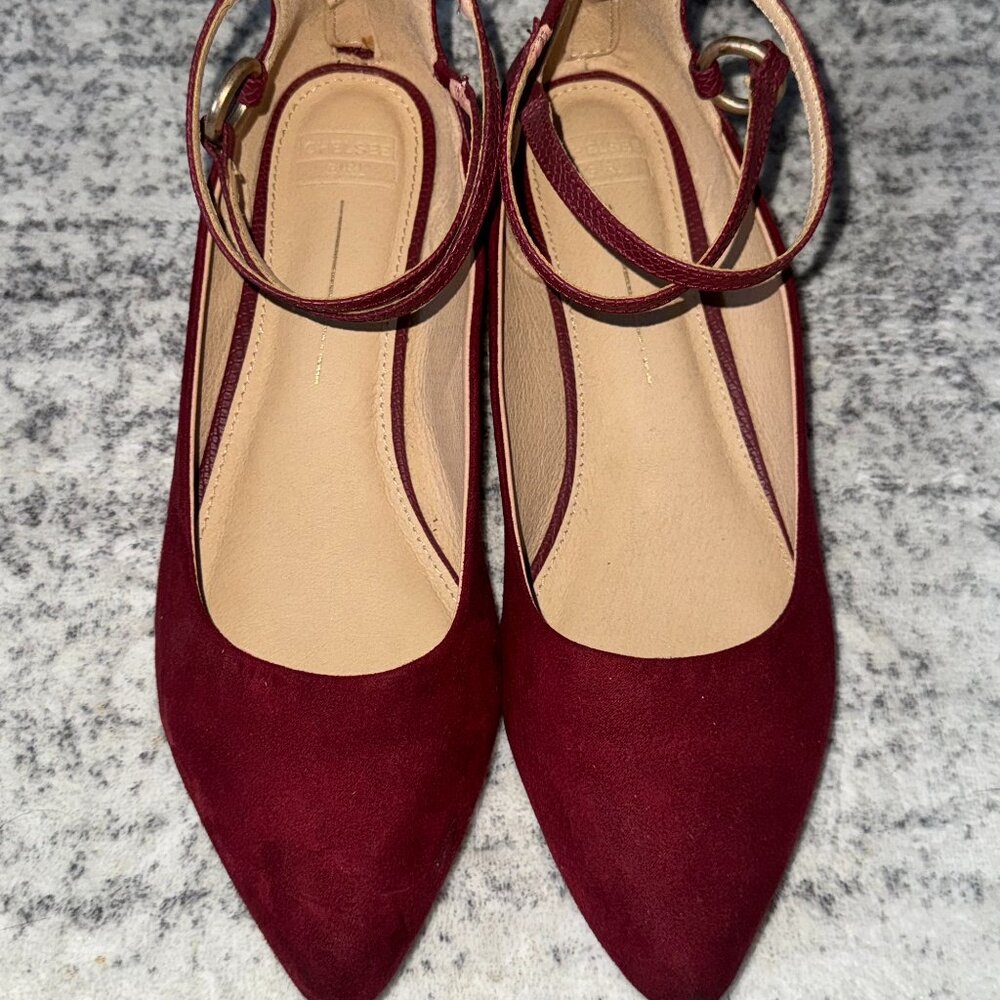 Chelsee Burgundy Pointed-Toe Flats with Ankle Strap – Size 9